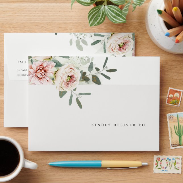 Soft Blush Pink Peonies Eucalyptus Foliage Wedding Envelope (Desk)