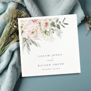 Soft Blush Pink Peonies Eucalyptus Foliage Wedding Napkin