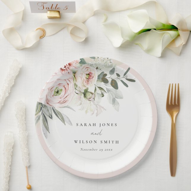 Soft Blush Pink Peonies Eucalyptus Foliage Wedding Paper Plate (Wedding)