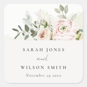 Soft Blush Pink Peonies Eucalyptus Foliage Wedding Square Sticker