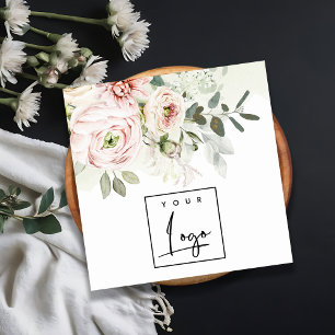 Soft Blush Pink Peony Leafy Botanical Floral Logo Square Business Card