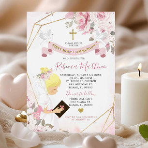 Soft Blush Pink Rose Blonde Girl First Communion Invitation