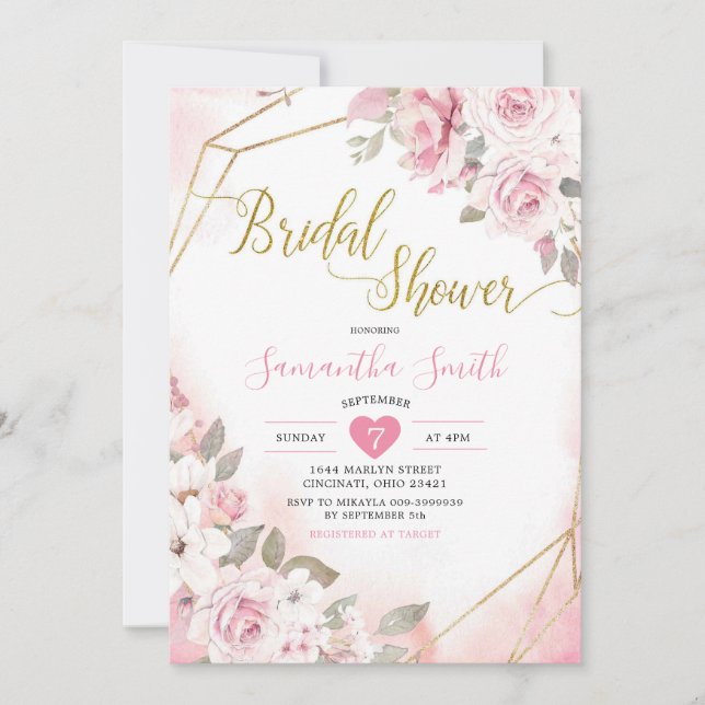 Soft Blush Pink Rose Bridal Shower Invitation (Front)