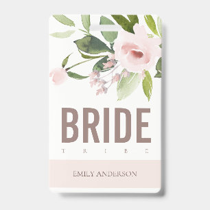 SOFT BLUSH PINK ROSE FLORAL BRIDE TRIBE WEDDING ID BADGE
