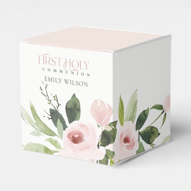 SOFT BLUSH PINK ROSE FLORAL FIRST HOLY COMMUNION FAVOUR BOX (Front Side)
