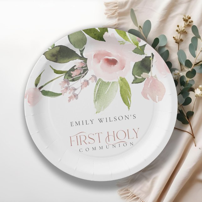 SOFT BLUSH PINK ROSE FLORAL FIRST HOLY COMMUNION PAPER PLATE (Creator Uploaded)