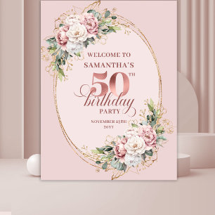 Soft Blush Pink Rose Gold 50th Birthday Backdrop Tapestry