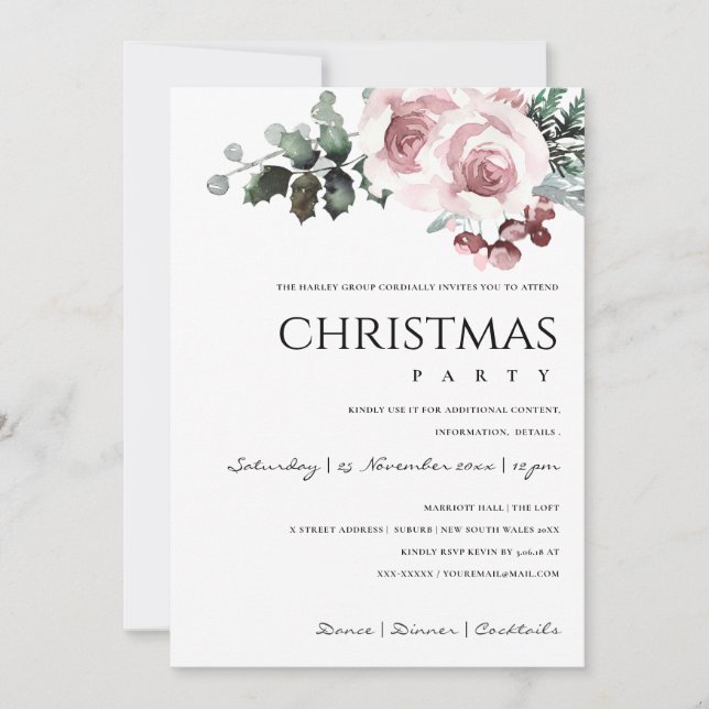 SOFT BLUSH PINK ROSE HOLLY BERRY CHRISTMAS PARTY HOLIDAY CARD (Front)