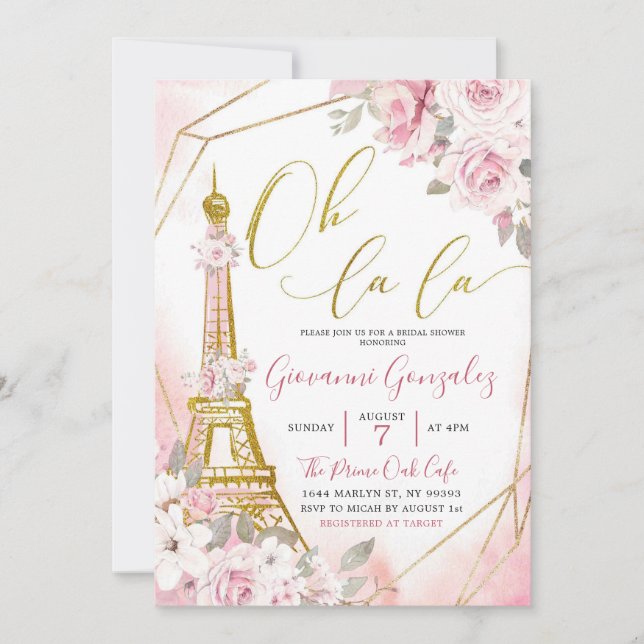 Soft Blush Pink Rose Paris Bridal Shower Invite (Front)