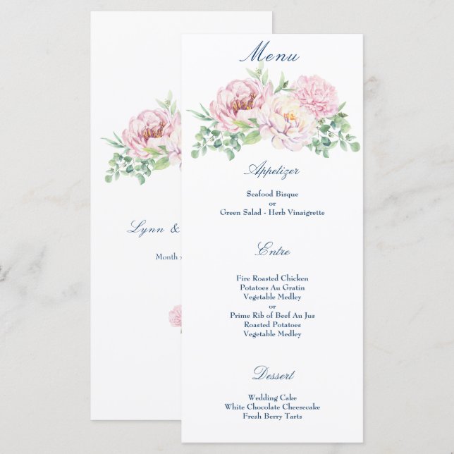 Soft Blush Pink Roses Elegant Floral Wedding Menu (Front/Back)