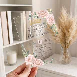 Soft Blush Pink Roses Floral Gold Quinceanera Acrylic Invitations
