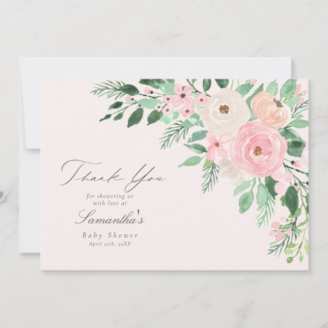 Soft Blush Pink Spring Floral Baby Shower Thank You Card (Front)