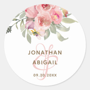 Soft Blush Pink Watercolor Floral Bouquet Wedding Classic Round Sticker