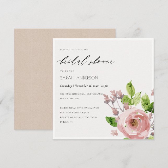 SOFT BLUSH PINK WATERCOLOUR FLORAL BRIDAL SHOWER INVITATION (Front/Back)