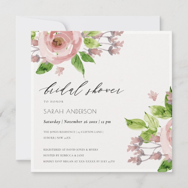 SOFT BLUSH PINK WATERCOLOUR FLORAL BRIDAL SHOWER INVITATION (Front)