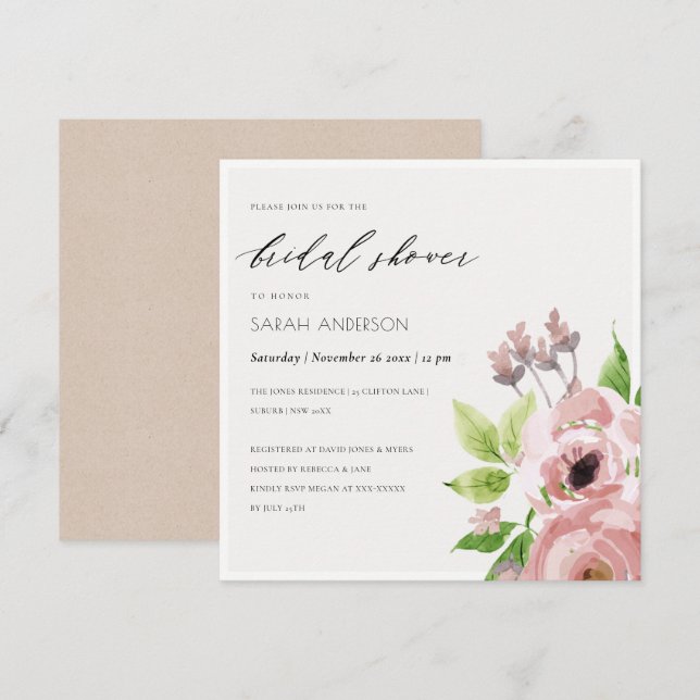 SOFT BLUSH PINK WATERCOLOUR FLORAL BRIDAL SHOWER INVITATION (Front/Back)