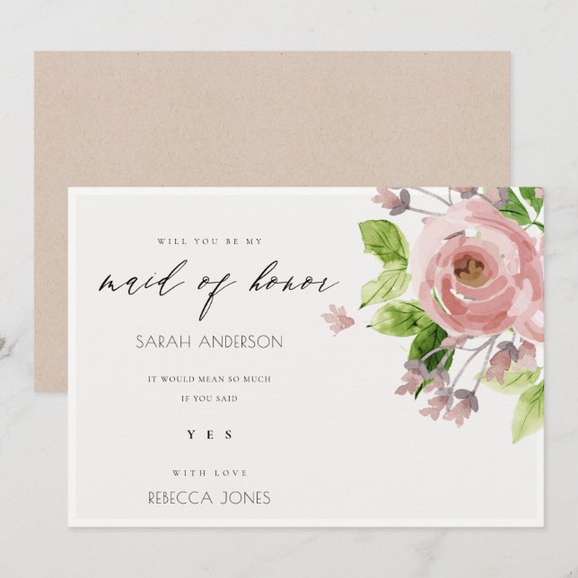 SOFT BLUSH PINK WATERCOLOUR FLORAL MAID OF HONOUR INVITATION (Front/Back)