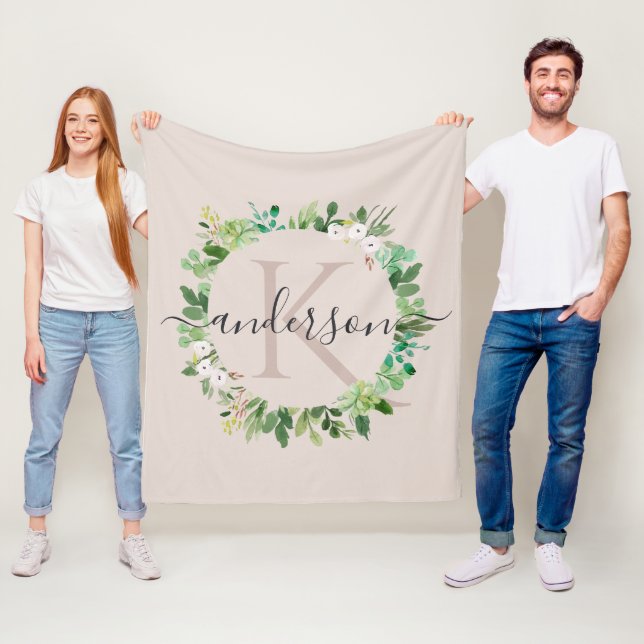 SOFT BLUSH PINK WREATH FOLIAGE WATERCOLOR MONOGRAM FLEECE BLANKET (In Situ)