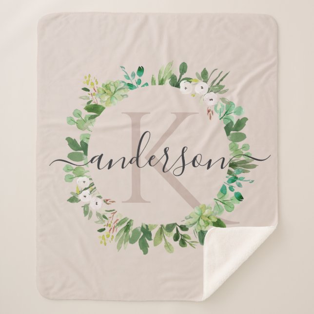 SOFT BLUSH PINK WREATH FOLIAGE WATERCOLOR MONOGRAM SHERPA BLANKET (Front)