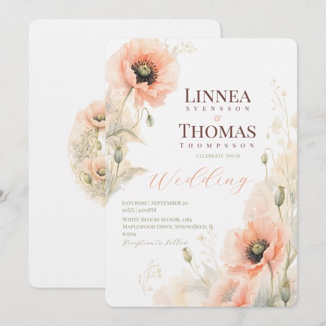 Soft Blush Poppy Elegant Editorial Wedding Invitation (Front/Back)