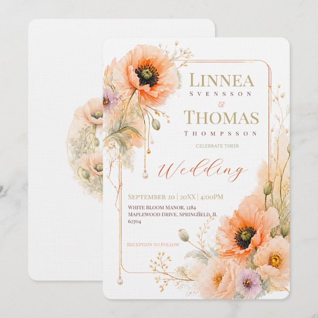 Soft Blush Poppy Elegant Editorial Wedding Invitation (Front/Back)