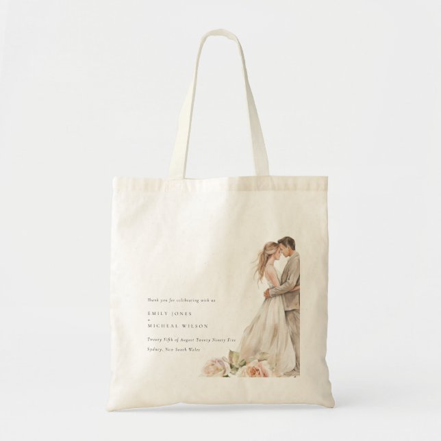Soft Blush Rose Floral Couple Botanical Wedding Tote Bag (Front)