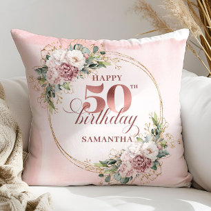 Soft Blush Rose Gold Botanical 50th Birthday Gift Cushion