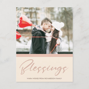 SOFT BLUSH ROSE PINK CHRISTMAS BLESSINGS PHOTO HOLIDAY POSTCARD