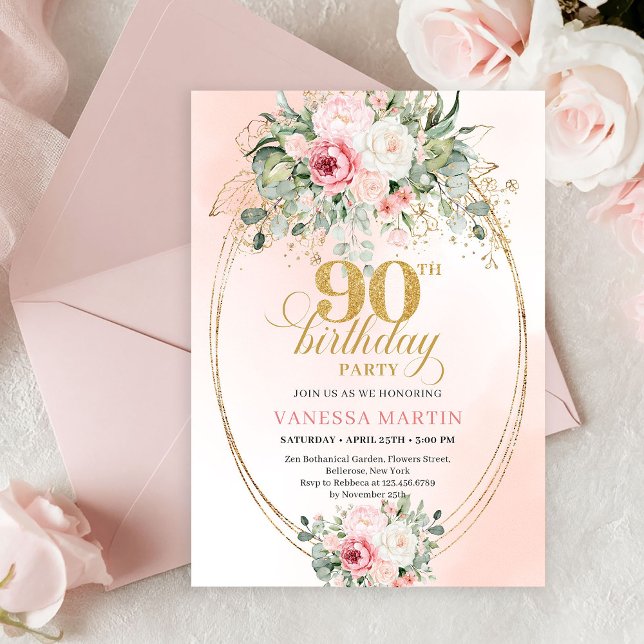 Soft Blush Roses Gold Elegant 90th Birthday Invite (Soft Blush Roses Gold Elegant 90th Birthday Invitation)