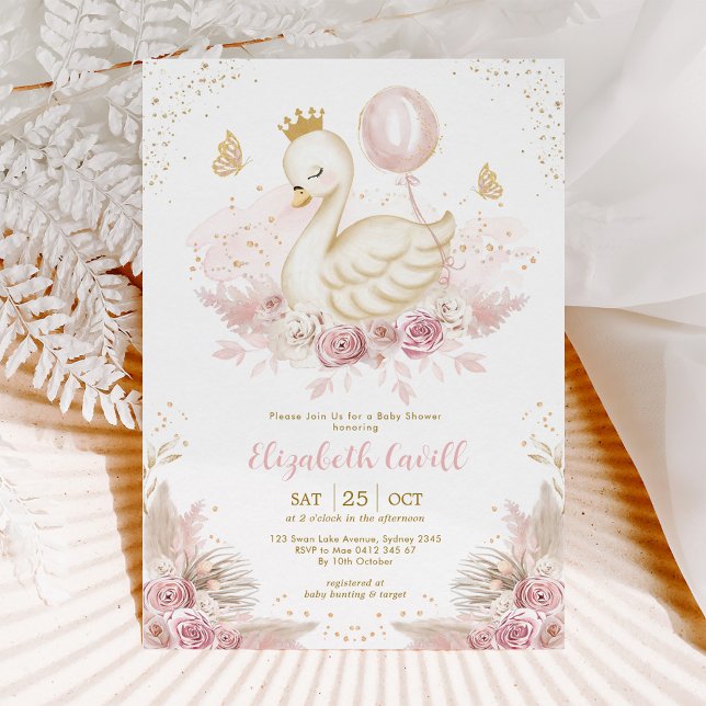 Soft Blush Swan Princess with Balloon Baby Shower Invitation (Creator Uploaded)