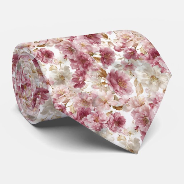 Soft Blush Watercolor Peonies Floral Wedding Tie (Rolled)