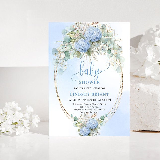 Soft Boho Blue Floral Baby Shower Gold Invitation (Soft Boho Blue Floral Baby Shower Gold Invitation)