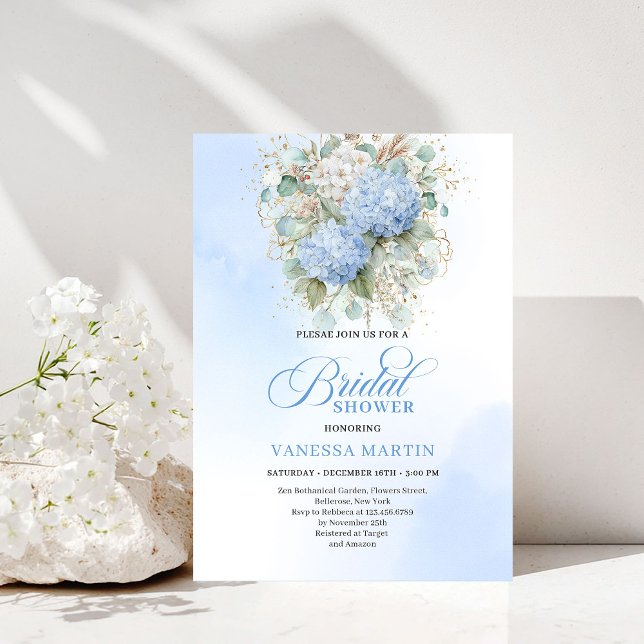 Soft Boho Blue Floral Bridal Shower Gold Invitatio Invitation (Soft Boho Blue Floral Bridal Shower Gold Invitation)