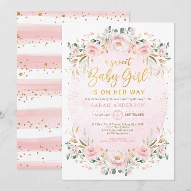 Soft Boho Blush Floral Wreath Girl Baby Shower Invitation (Front/Back)
