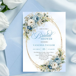 Soft Boho Dusty Blue Floral Greenery Bridal Shower Invitation