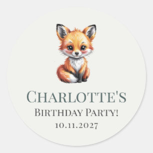 Soft Boho Green Woodland Fox Birthday with Name Classic Round Sticker