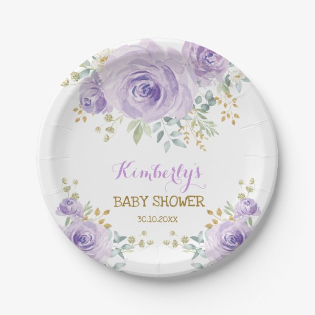 Soft Boho Lavender Gold Floral Baby Shower Paper Plate (Front)