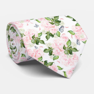 Soft Botanical Butterfly Rose Floral Watercolor Tie