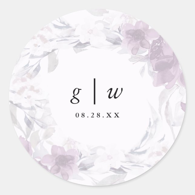 Soft Botanical Floral Monogram and Date Wedding Classic Round Sticker (Front)