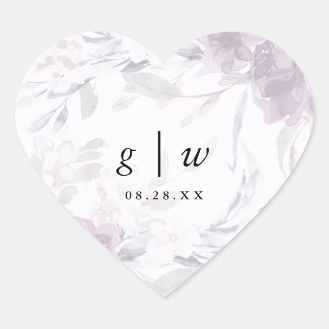 Soft Botanical Floral Monogram and Date Wedding Heart Sticker (Front)