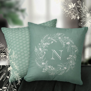 Soft botanical foliage wreath letter N Cushion
