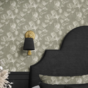 Soft Botanical Leaves on Olive Grey Wallpaper