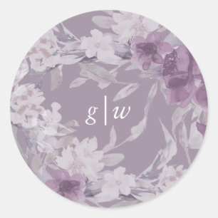 Soft Botanical Purple Floral Monogram Wedding Classic Round Sticker