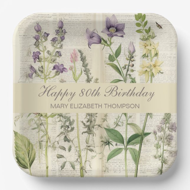 Soft Botanical Vintaqe Wildflower 80th Birthday Paper Plate (Front)