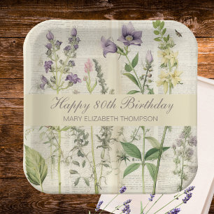 Soft Botanical Vintaqe Wildflower 80th Birthday Paper Plate