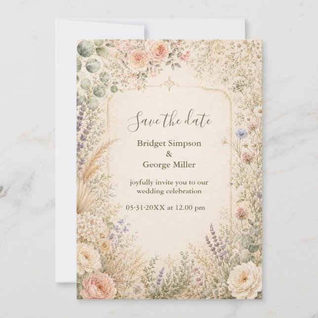 Soft Botanical Wedding Garden Gold Frame  Invitation (Front)