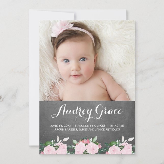 Soft Botanicals Chalkboard | Birth Announcement (Front)