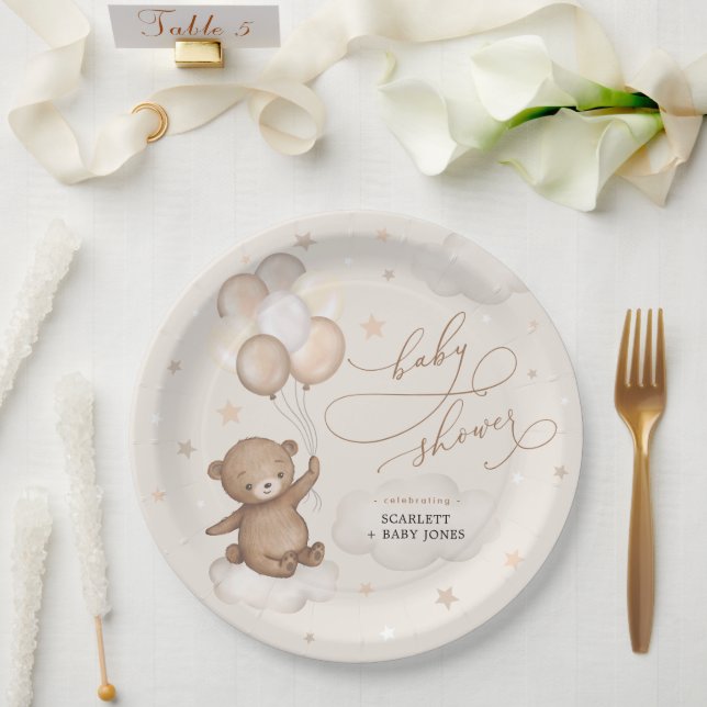 Soft Brown Bear & Balloons Neutral Baby Shower Paper Plate (Wedding)