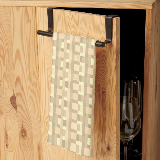 Soft brown beige yellow block grid tea towel (Thirds Fold)