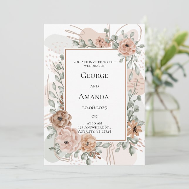 Soft Brown Floral Wedding Invitation (Standing Front)